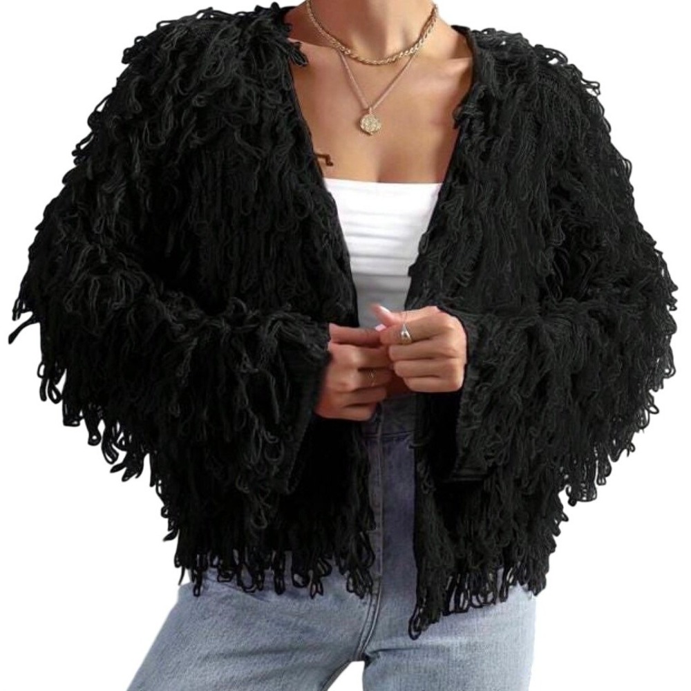 Nasty Gal Collection Black Shaggy Loop Knit Cropped Cardigan Sweater Size Small